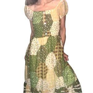 Her Destiny Boho Patchwork Milkmaid Cottagecore Dress Sz M Ruched Bodice Floral